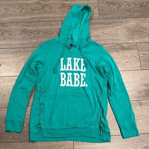Lake Babe Lace Up Sweatshirt with hood, Teal, Size Small
